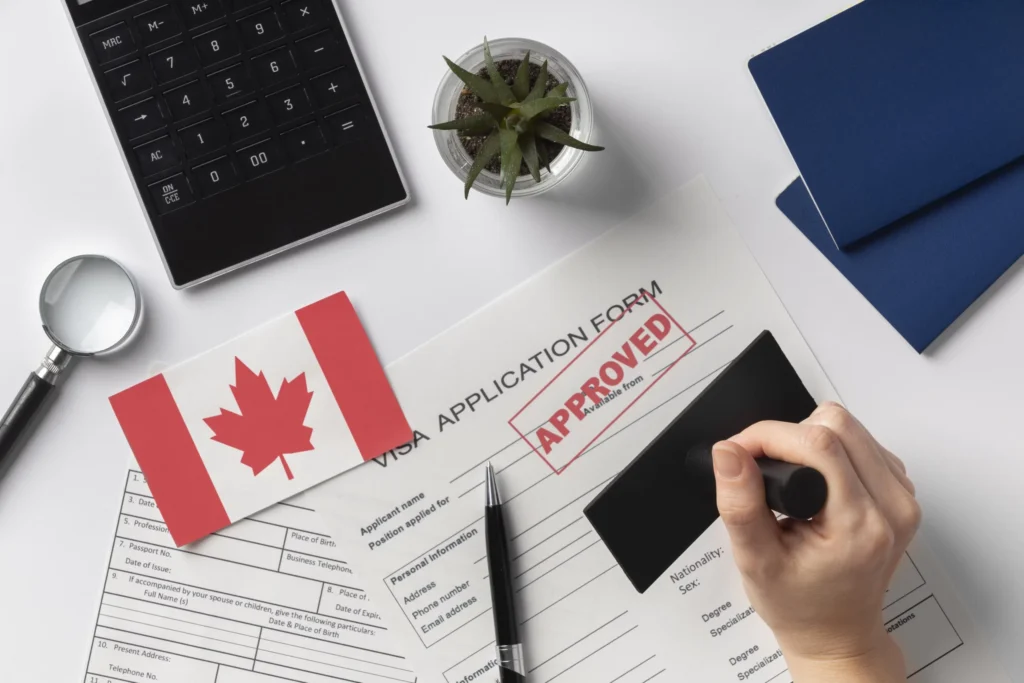 Step-by-step guide to applying for Canadian immigration, featuring a checklist, passport with visa, online application form, and Canadian flag