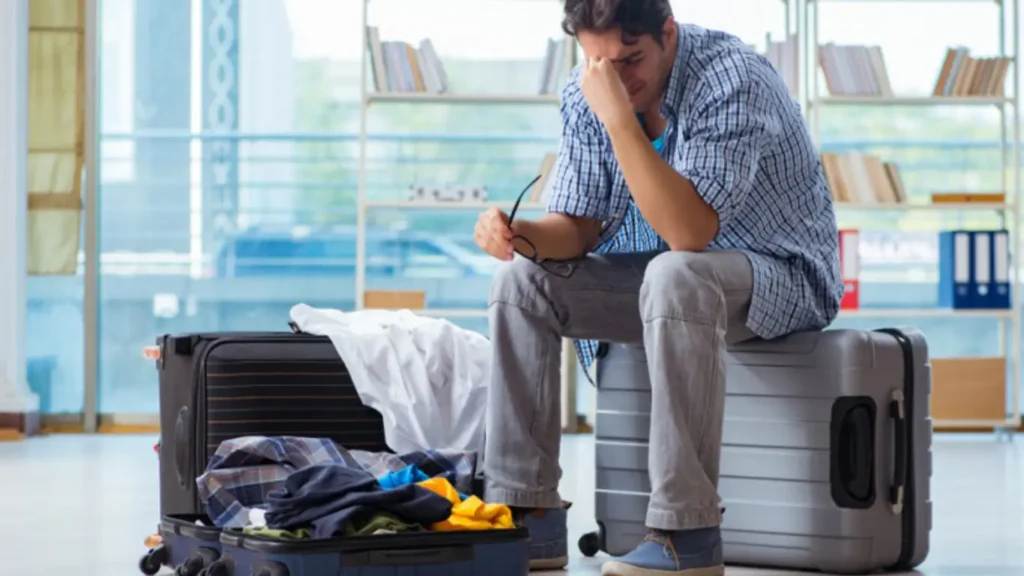 Person dragging suitcase alone through unfamiliar city street — symbolizing the chaos of unplanned relocation abroad.